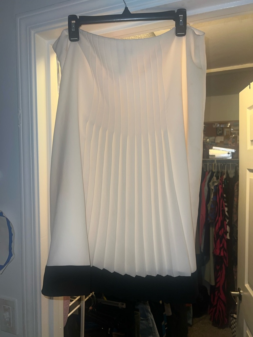 Pleated White A-Line Skirt with Black Hem